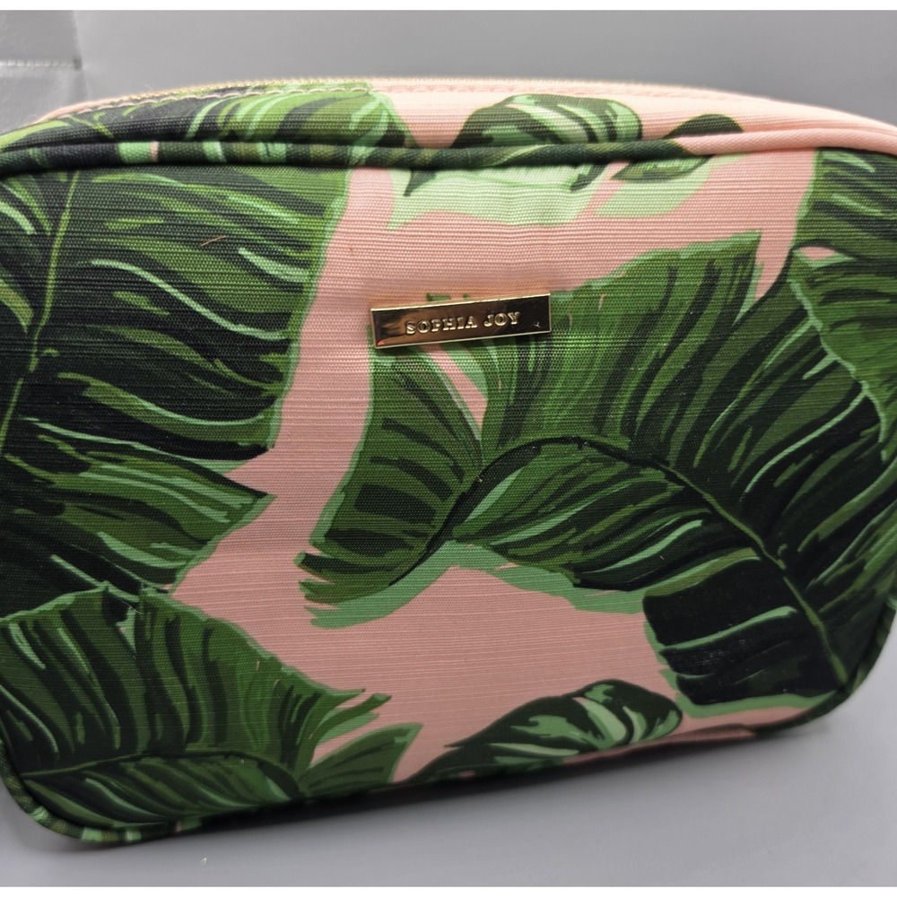 Sophia Joy Tropical Palm Leaf Cosmetic Makeup Bag Pink Green Double Zip...
